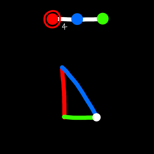 the 90-60-45 spherical space triangle domain of B3, with a white dot at the 60 degree corner, and the diagram x4o3o above it